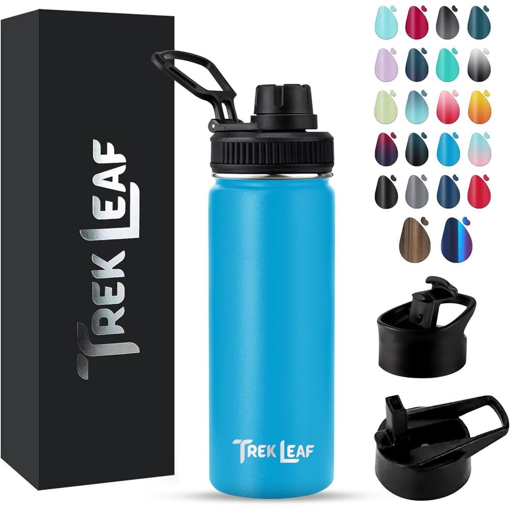 18oz Insulated Water Bottle Vacuum Stainless Steel Leak Proof 3 Lids Trek Leaf